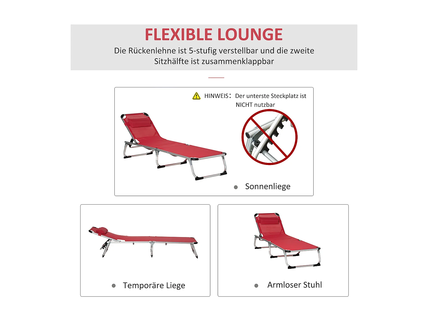 Chaise longue pliable ergonomique 5 positions, aluminium, tissu maille rouge (165x60x76cm)