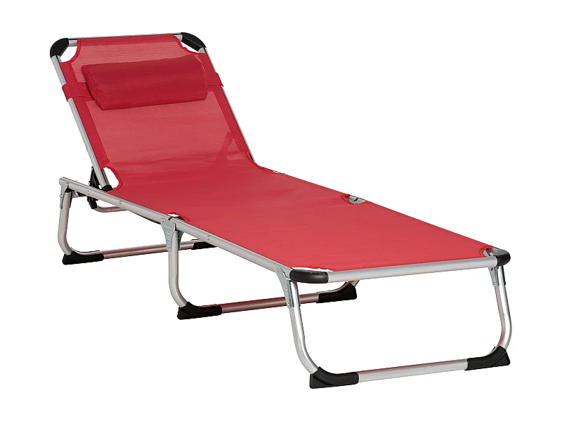 Chaise longue pliable ergonomique 5 positions, aluminium, tissu maille rouge (165x60x76cm)