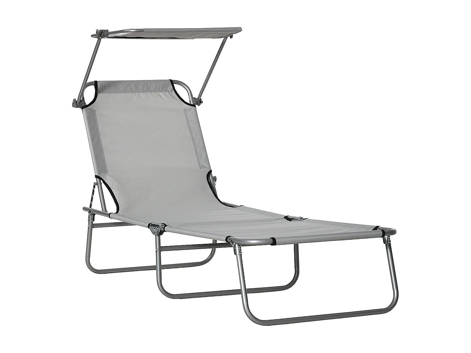 Chaise longue pliante avec toit, métal, gris clair, dossier réglable en 4 positions (187x58x36 cm)