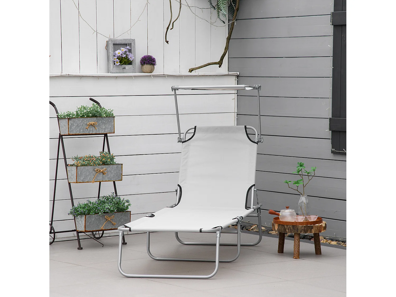 Chaise longue pliante avec toit, métal, gris clair, dossier réglable en 4 positions (187x58x36 cm)