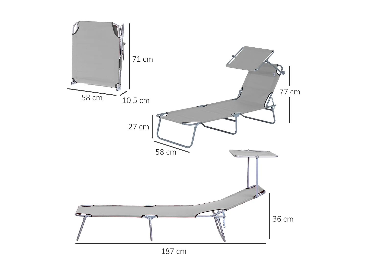 Chaise longue pliante avec toit, métal, gris clair, dossier réglable en 4 positions (187x58x36 cm)