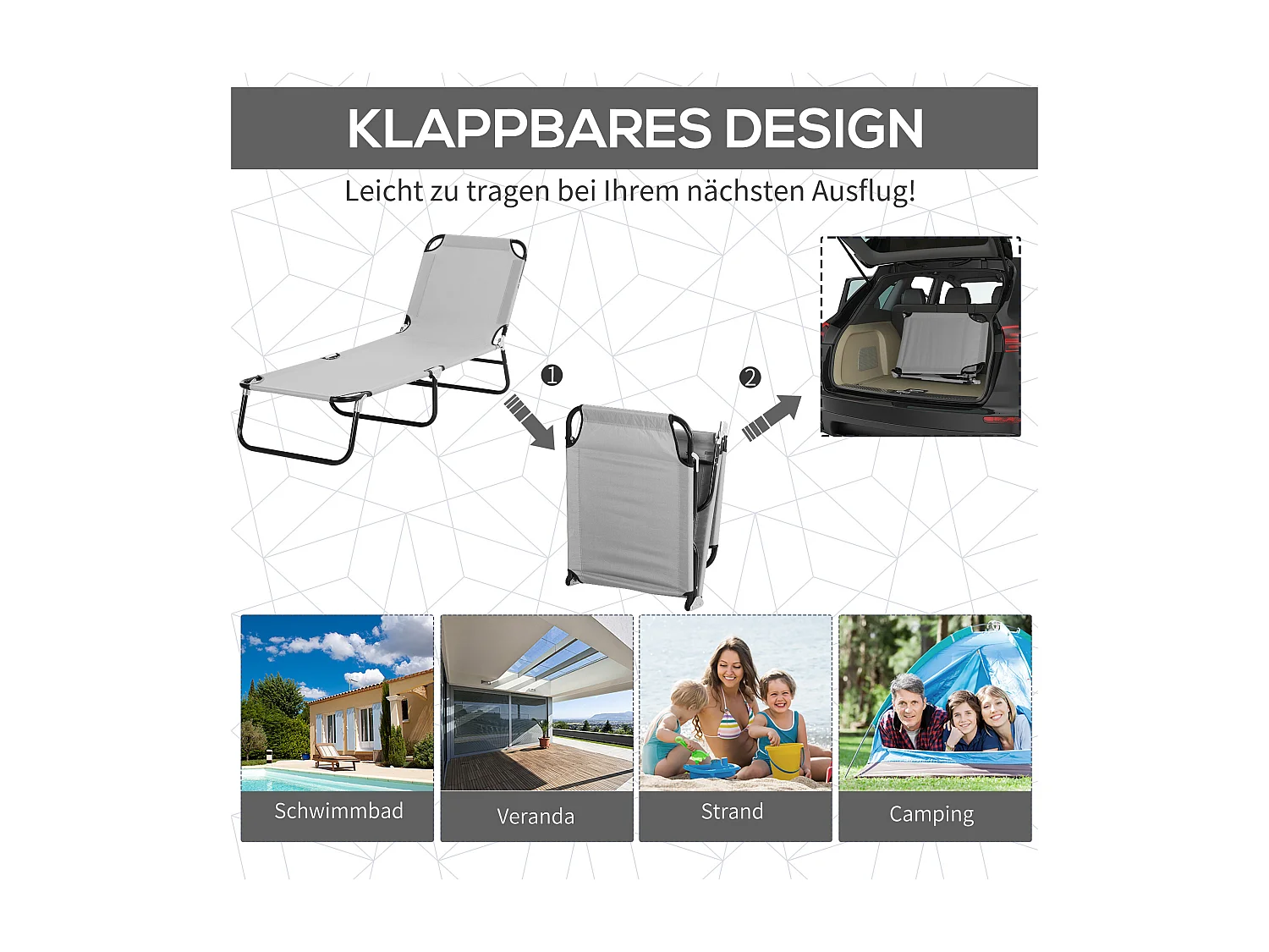 Chaise longue pliante avec toit, métal, gris clair, dossier réglable en 4 positions (187x58x36 cm)