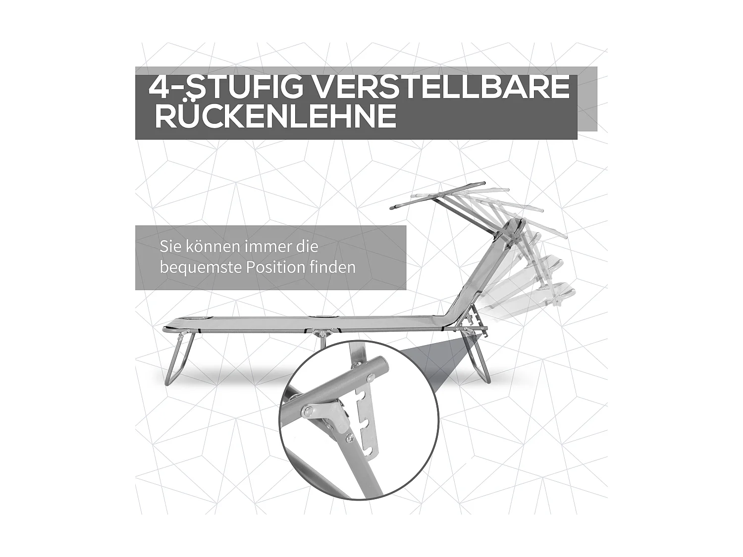 Chaise longue pliante avec toit, métal, gris clair, dossier réglable en 4 positions (187x58x36 cm)