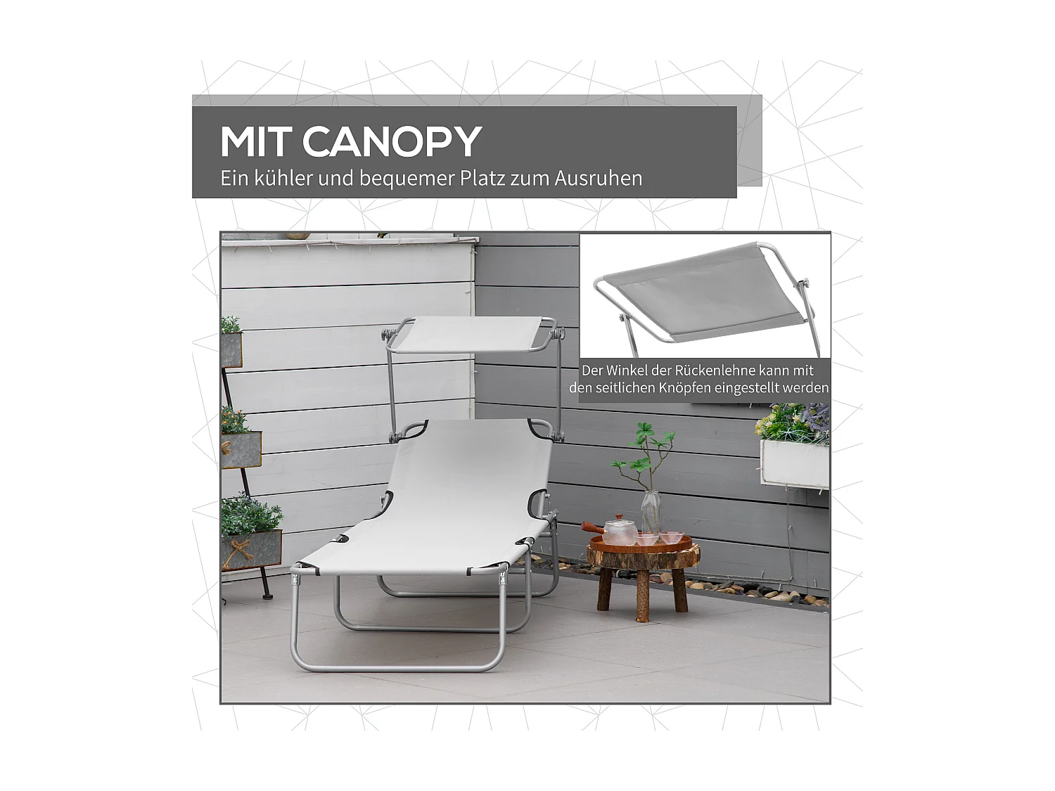 Chaise longue pliante avec toit, métal, gris clair, dossier réglable en 4 positions (187x58x36 cm)