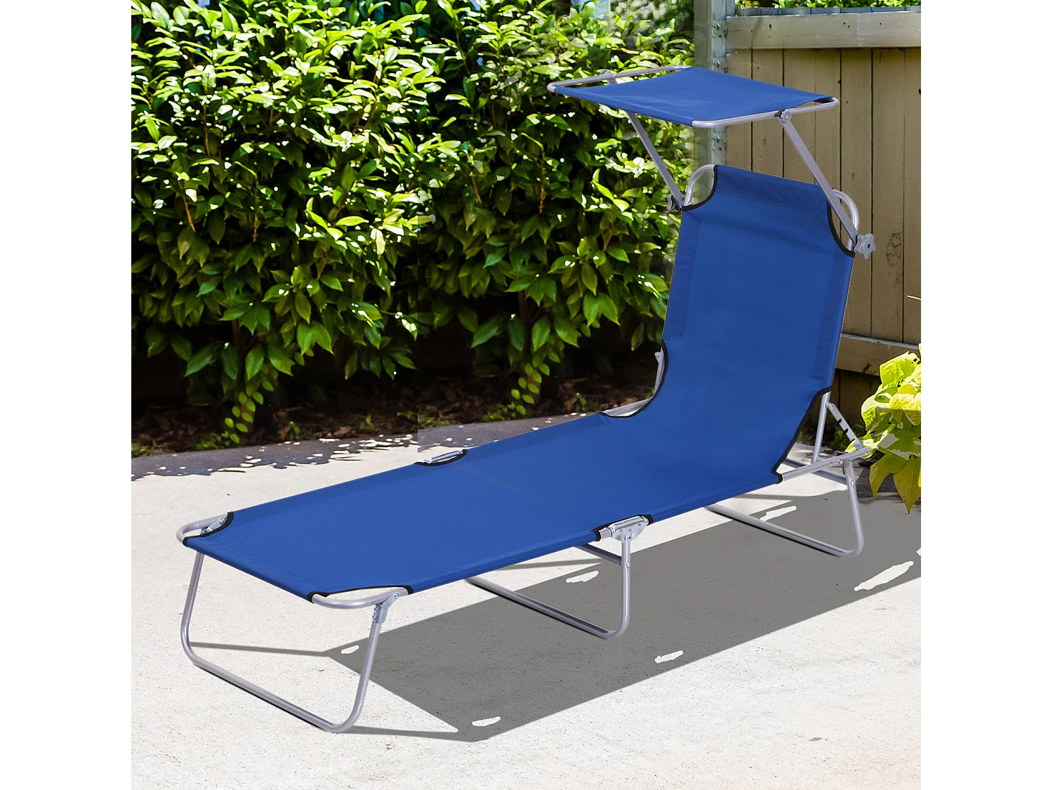 Chaise longue pliante avec toit, 4 positions réglables, métal et tissu Oxford, bleu (187x58x36 cm)