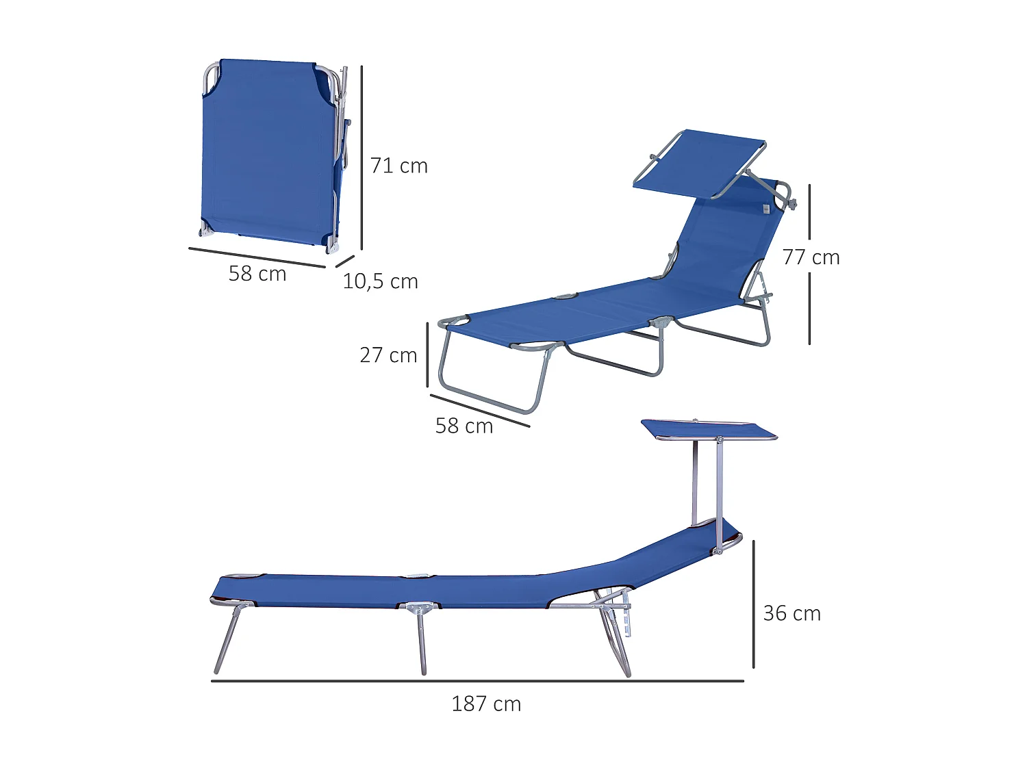 Chaise longue pliante avec toit, 4 positions réglables, métal et tissu Oxford, bleu (187x58x36 cm)