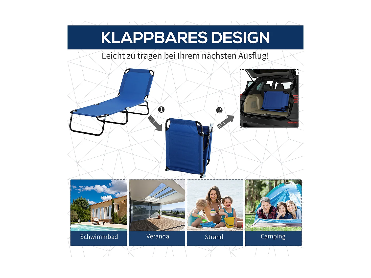 Chaise longue pliante avec toit, 4 positions réglables, métal et tissu Oxford, bleu (187x58x36 cm)