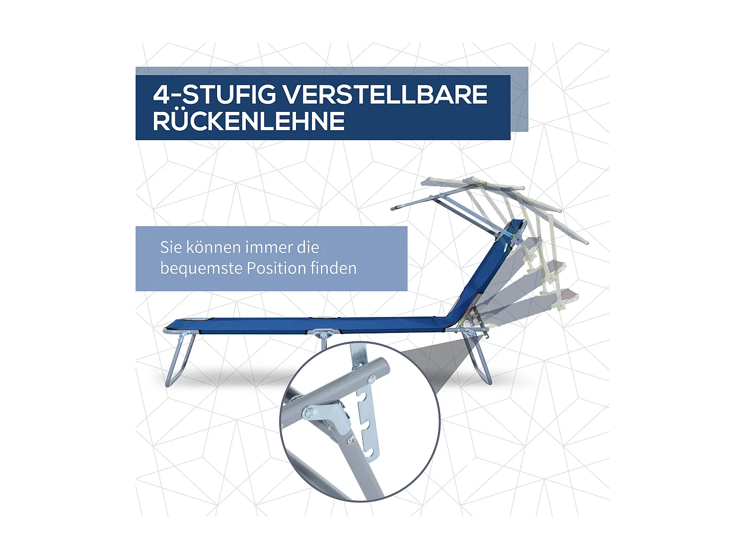 Chaise longue pliante avec toit, 4 positions réglables, métal et tissu Oxford, bleu (187x58x36 cm)
