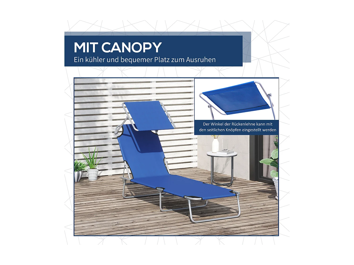 Chaise longue pliante avec toit, 4 positions réglables, métal et tissu Oxford, bleu (187x58x36 cm)