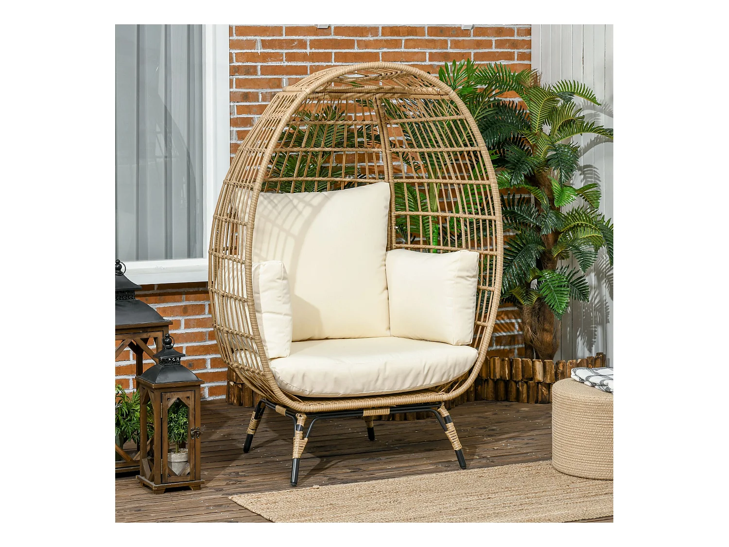 Fauteuil en résine tressée, coussin confortable, métal, khaki (105x90x148 cm)