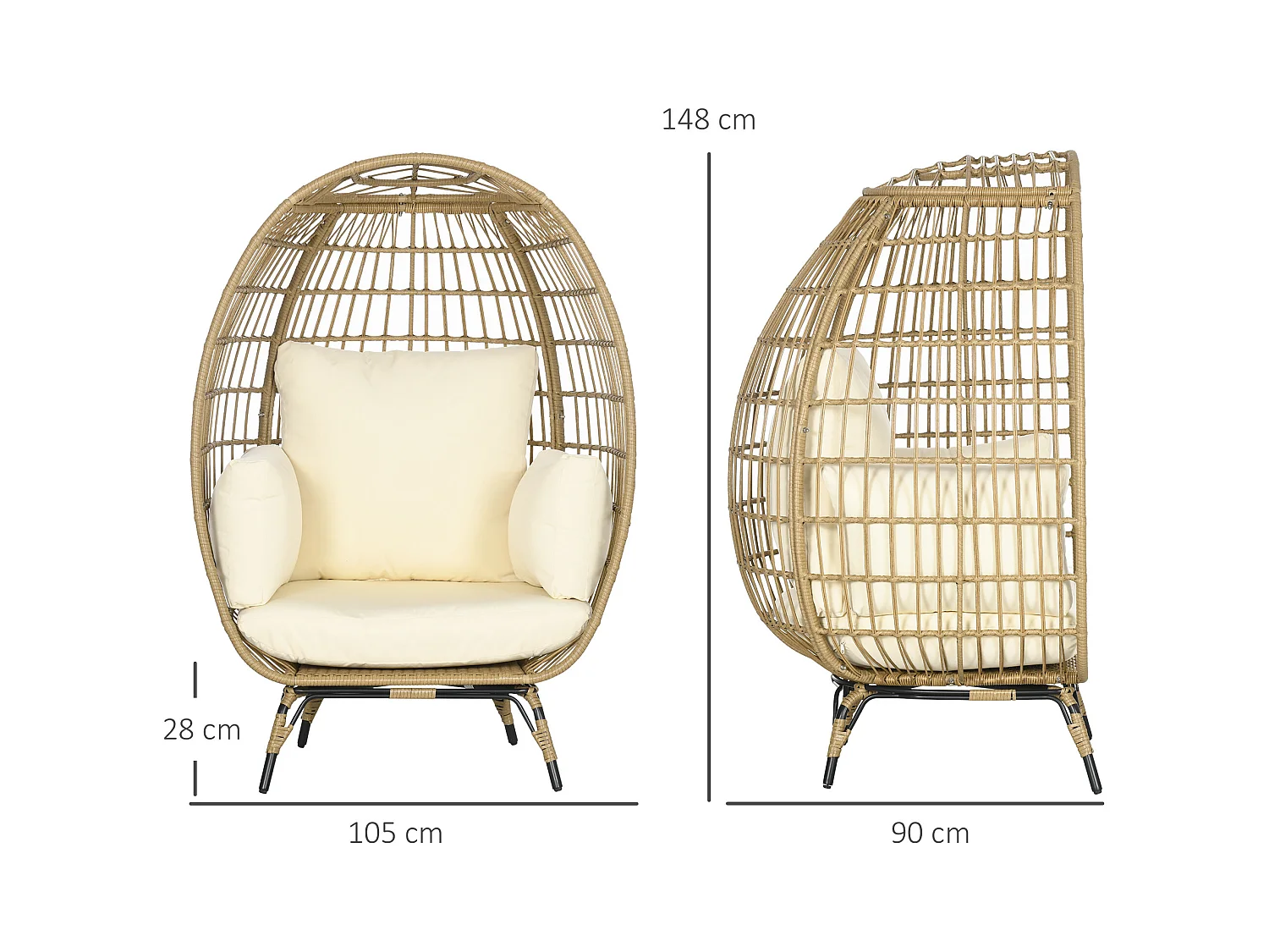 Fauteuil en résine tressée, coussin confortable, métal, khaki (105x90x148 cm)