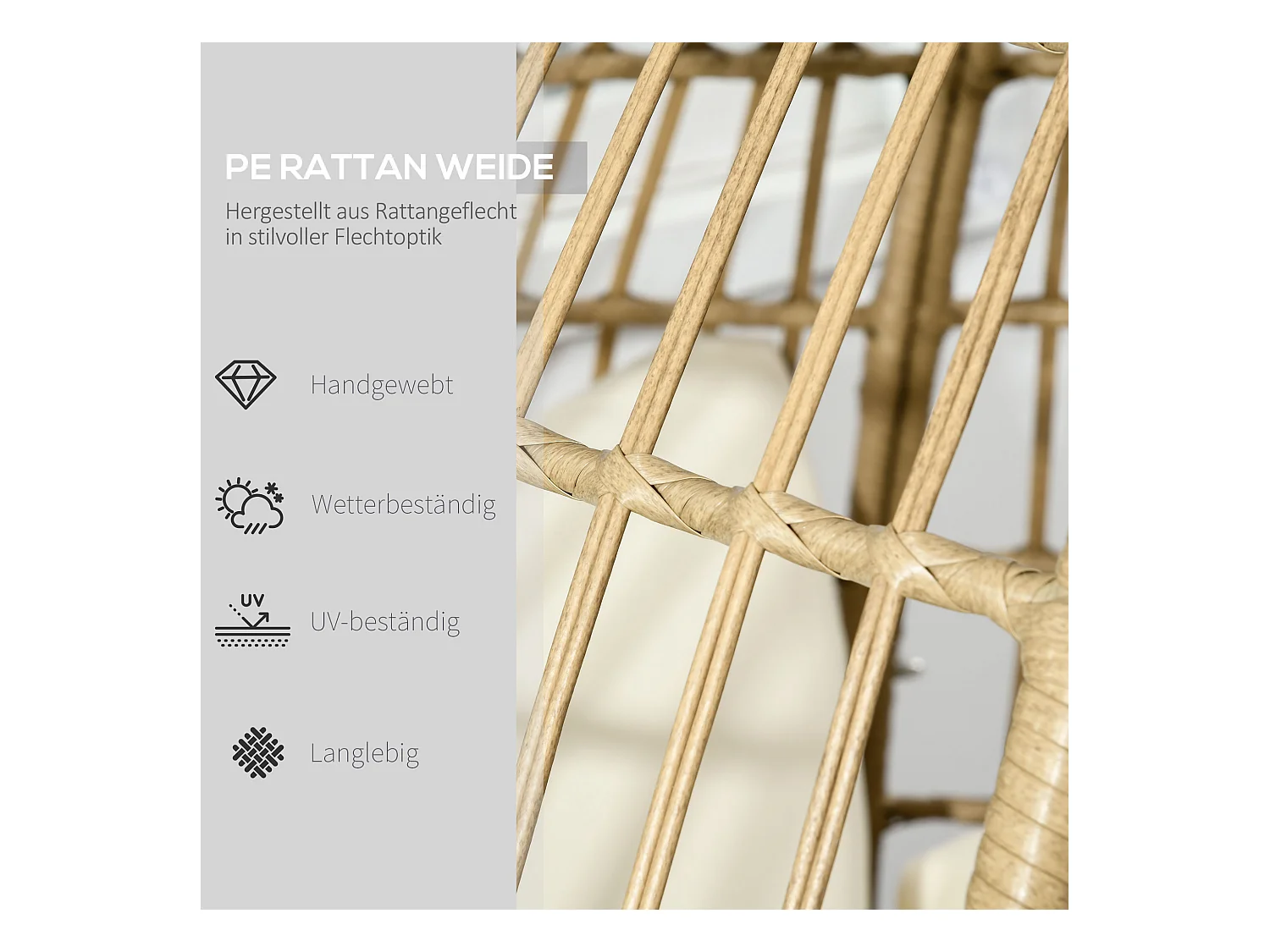 Fauteuil en résine tressée, coussin confortable, métal, khaki (105x90x148 cm)