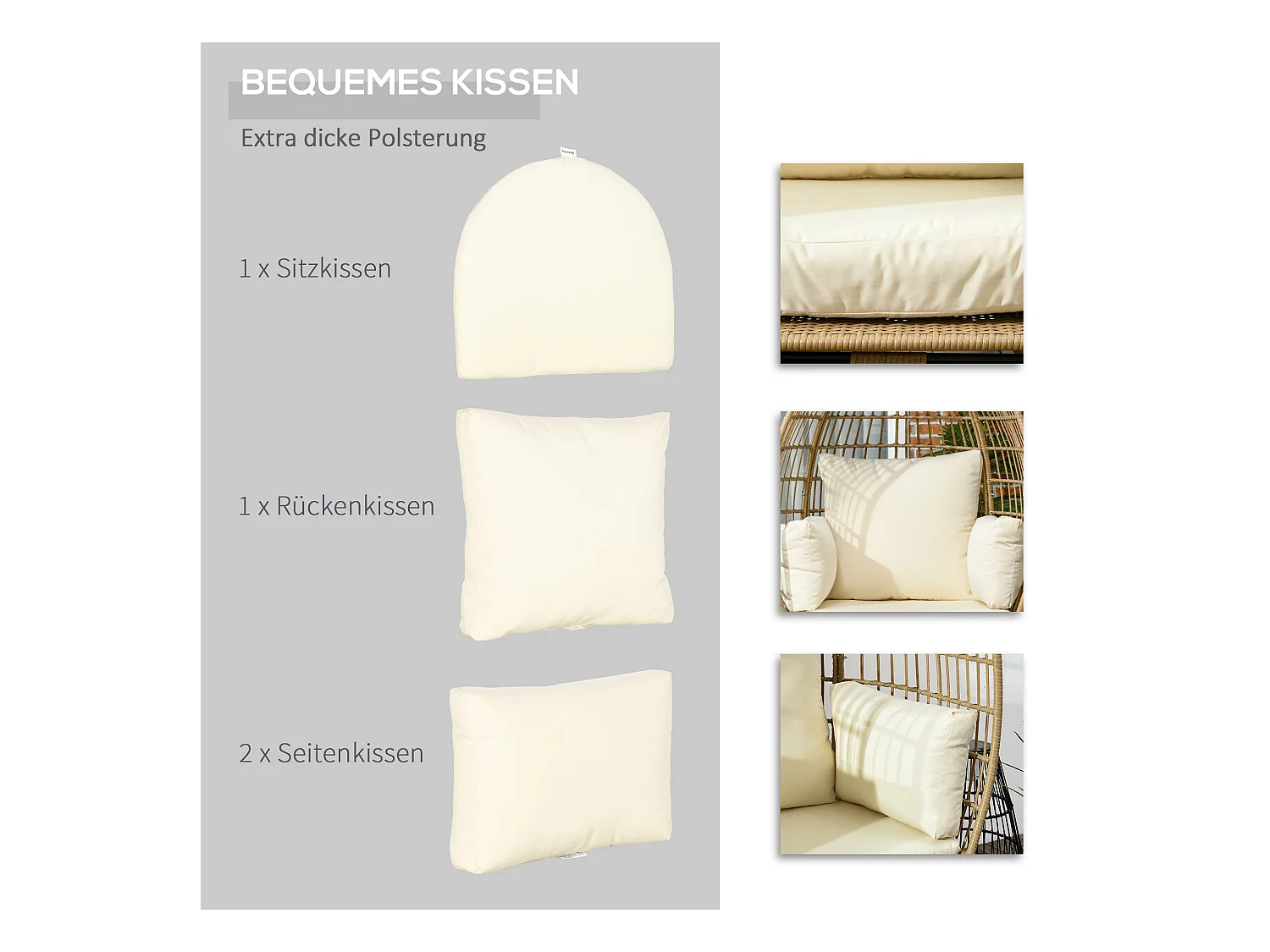 Fauteuil en résine tressée, coussin confortable, métal, khaki (105x90x148 cm)