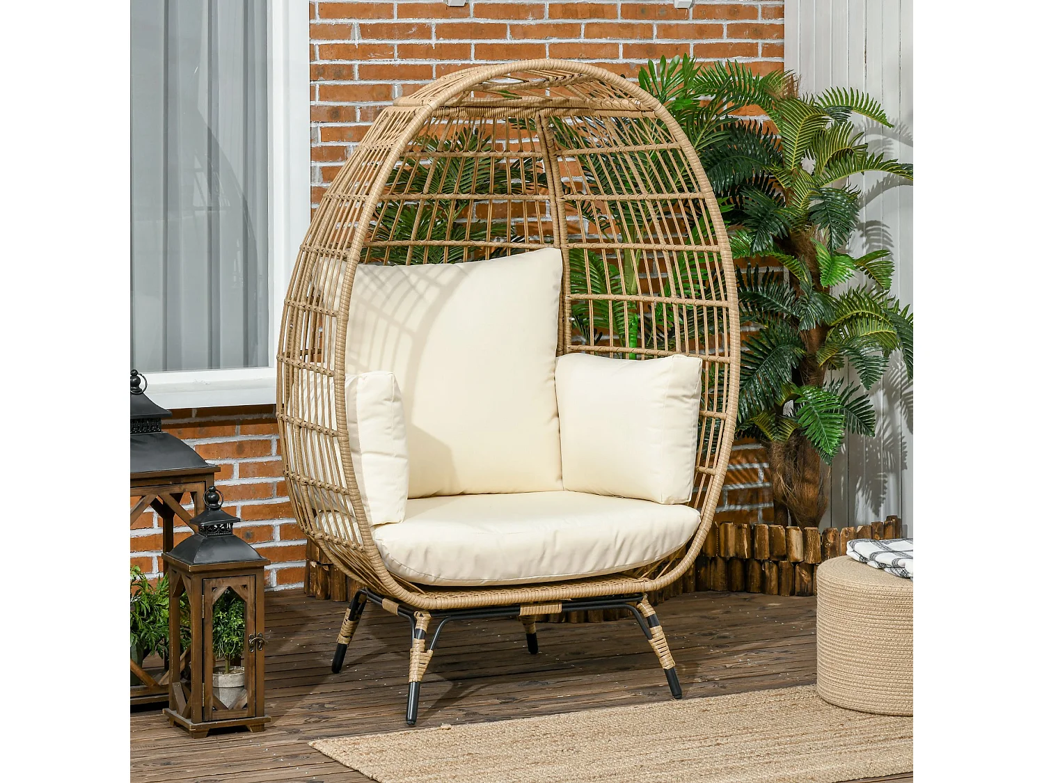 Fauteuil en résine tressée, coussin confortable, métal, khaki (105x90x148 cm)