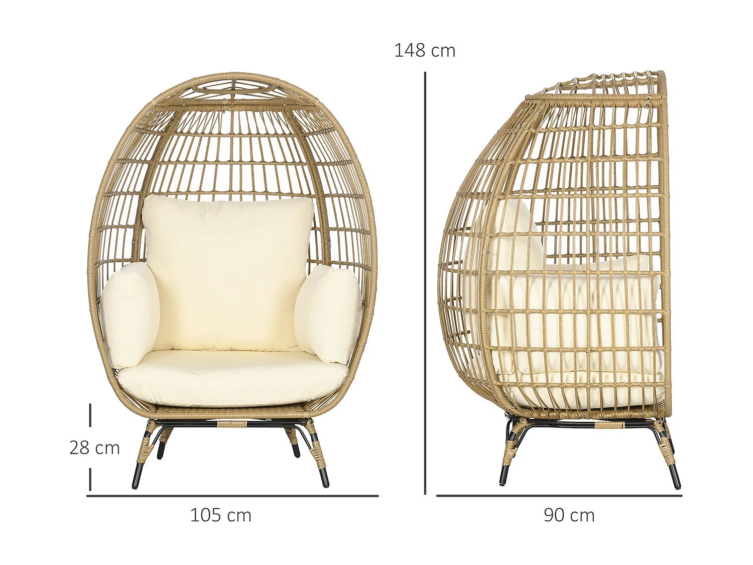 Fauteuil en résine tressée, coussin confortable, métal, khaki (105x90x148 cm)