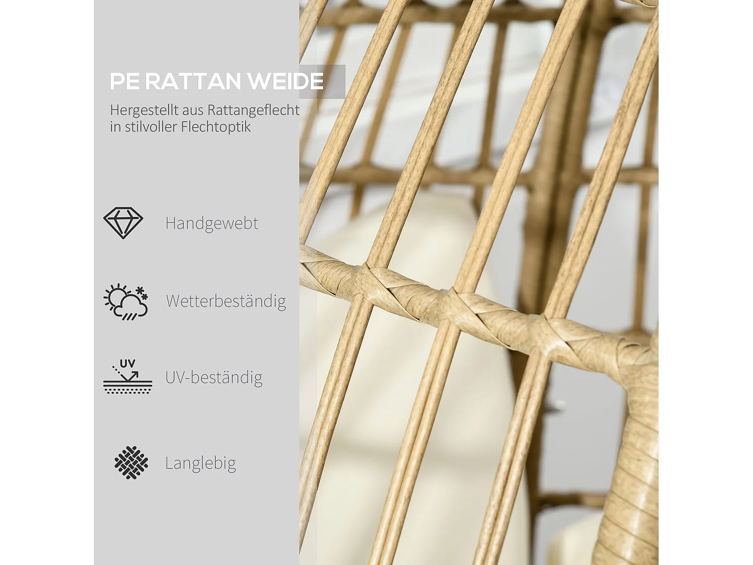 Fauteuil en résine tressée, coussin confortable, métal, khaki (105x90x148 cm)