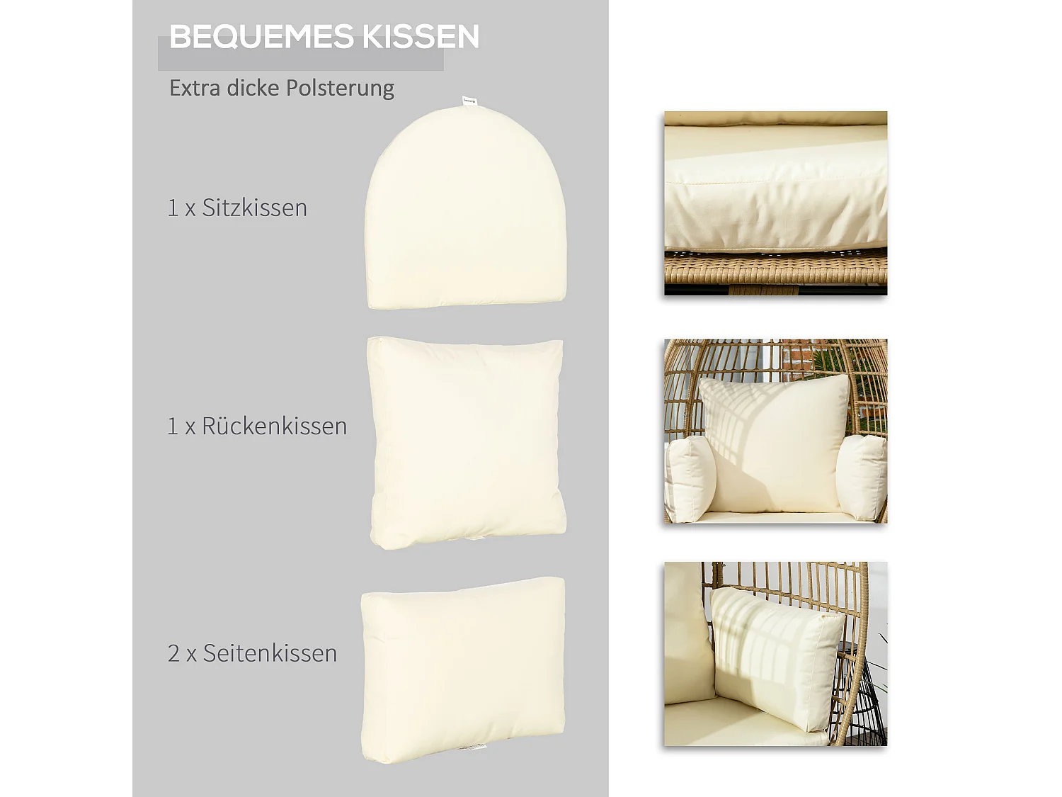 Fauteuil en résine tressée, coussin confortable, métal, khaki (105x90x148 cm)