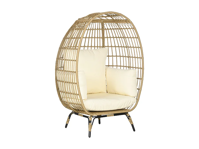 Fauteuil en résine tressée, coussin confortable, métal, khaki (105x90x148 cm)