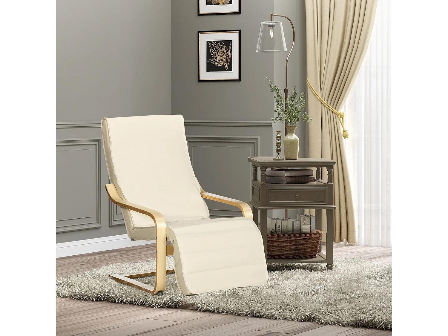 fauteuil pivotant avec repose-pieds ajustable, chaise de salle à manger en lin, bois de bouleau, crème (66.5x94x100 cm)