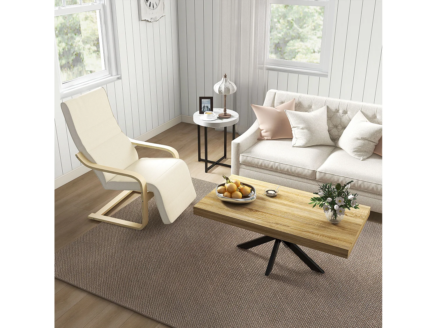 fauteuil pivotant avec repose-pieds ajustable, chaise de salle à manger en lin, bois de bouleau, crème (66.5x94x100 cm)