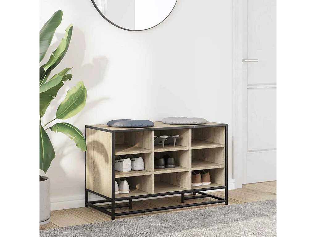 Panca portascarpe in rovere Sonoma, legno ingegnerizzato e metallo