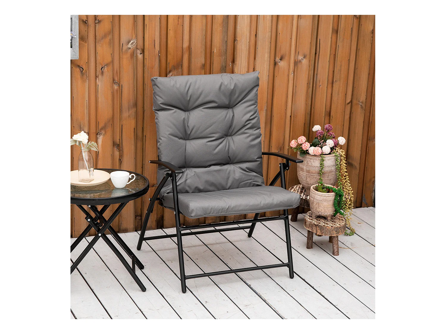 Chaise de camping pliante avec dossier réglable, cadre métal, polyester Oxford, gris (65x65x94cm)