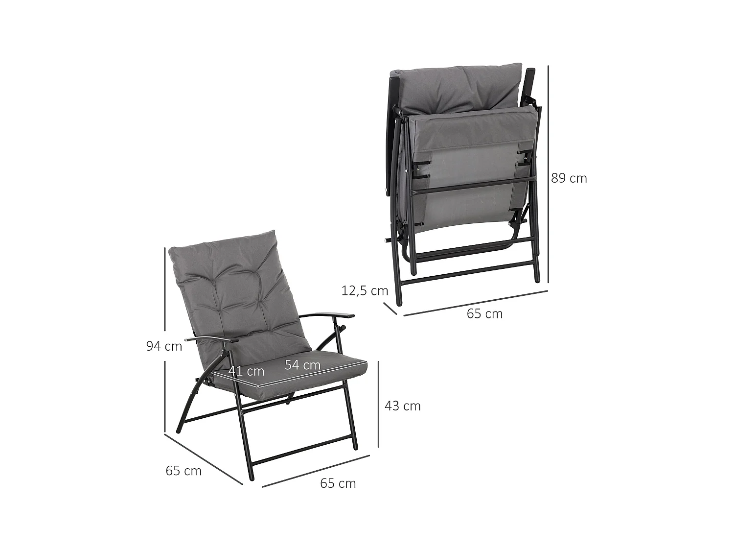 Chaise de camping pliante avec dossier réglable, cadre métal, polyester Oxford, gris (65x65x94cm)