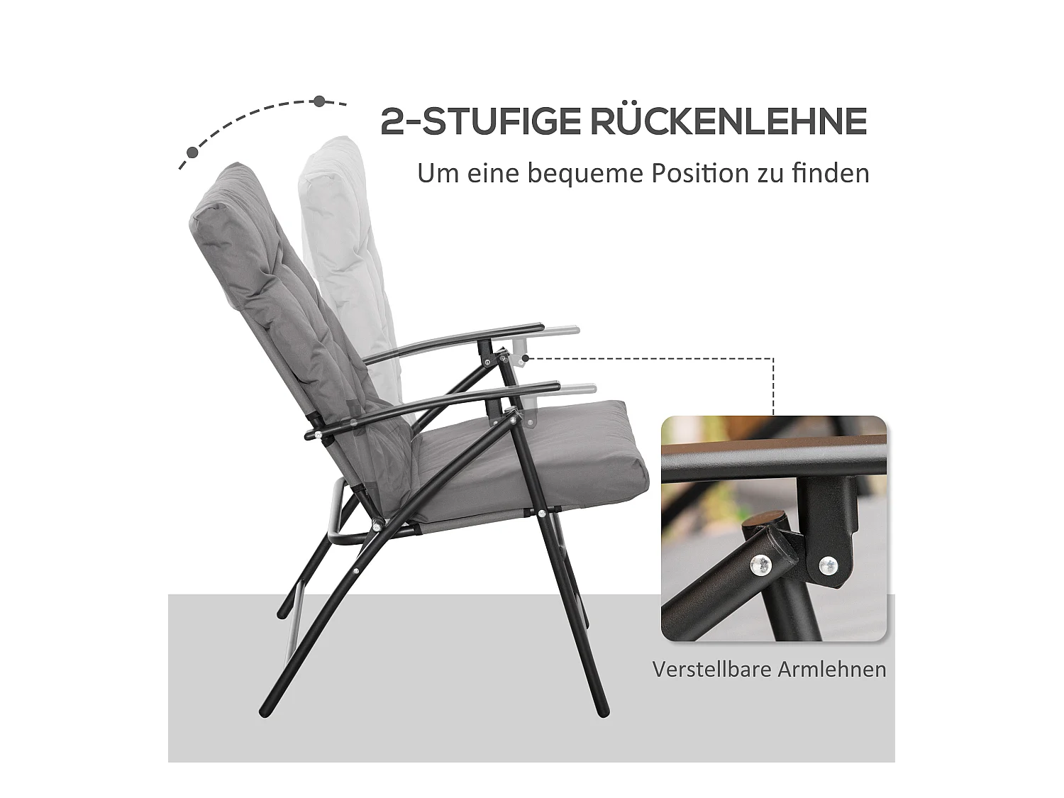 Chaise de camping pliante avec dossier réglable, cadre métal, polyester Oxford, gris (65x65x94cm)