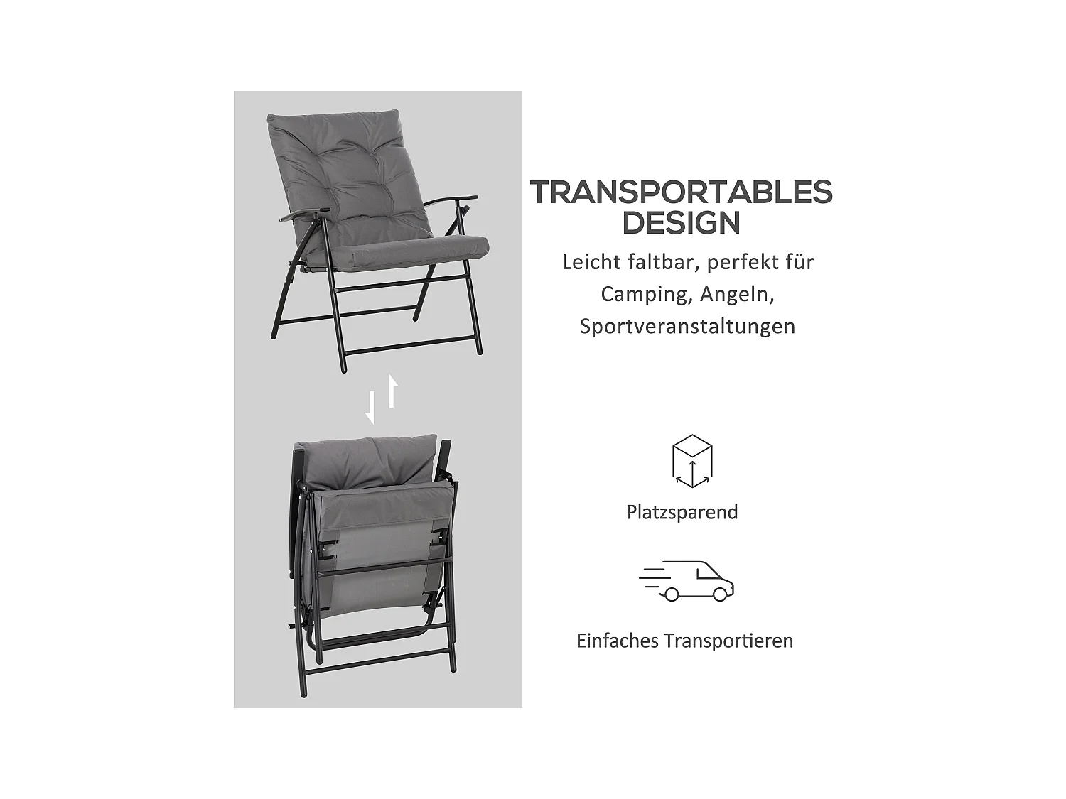 Chaise de camping pliante avec dossier réglable, cadre métal, polyester Oxford, gris (65x65x94cm)