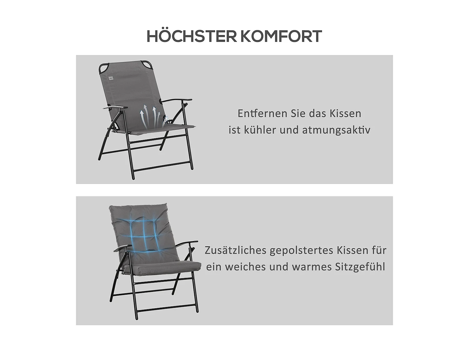 Chaise de camping pliante avec dossier réglable, cadre métal, polyester Oxford, gris (65x65x94cm)