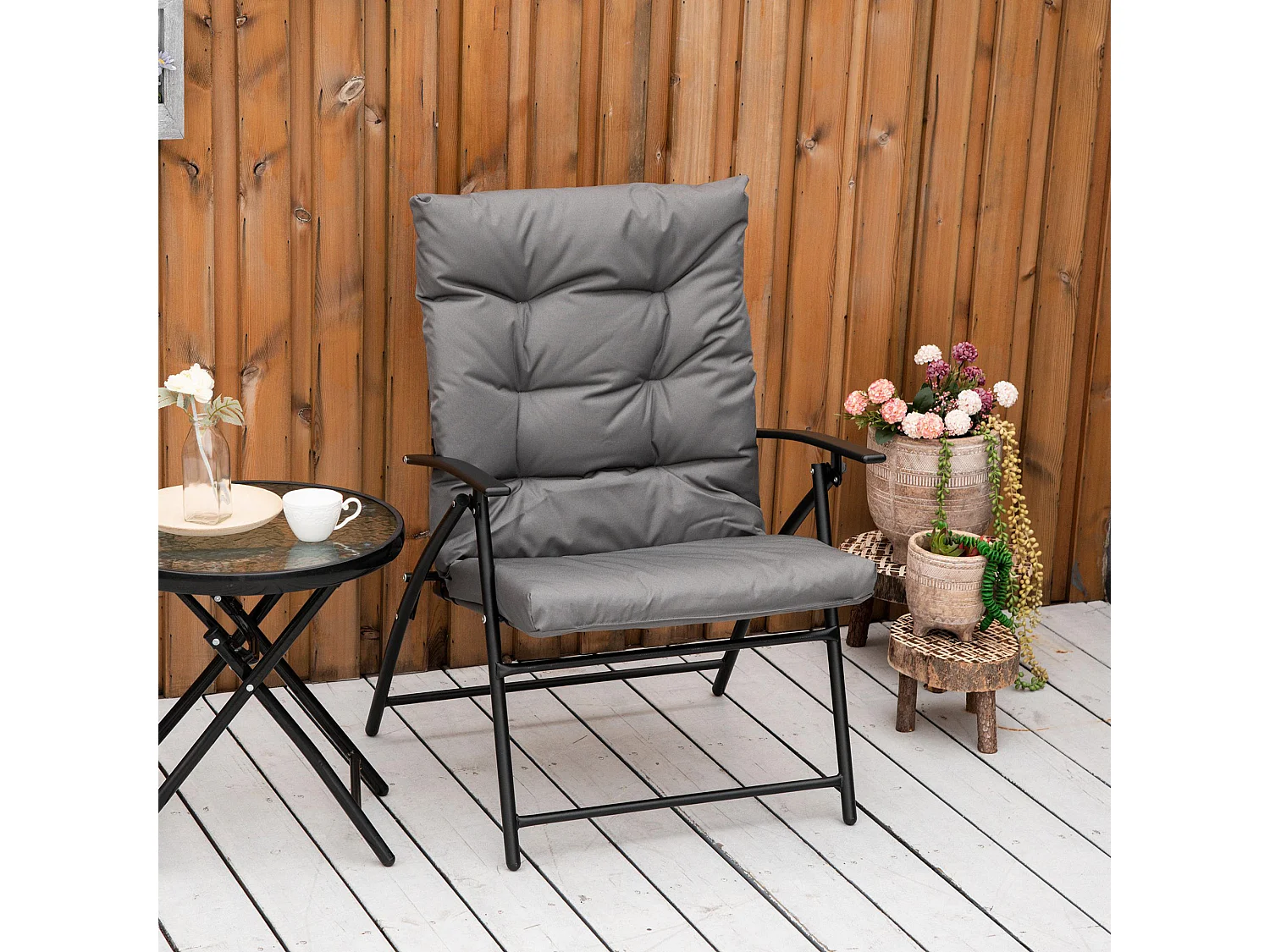 Chaise de camping pliante avec dossier réglable, cadre métal, polyester Oxford, gris (65x65x94cm)