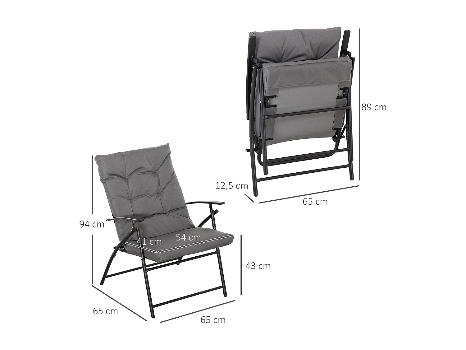 Chaise de camping pliante avec dossier réglable, cadre métal, polyester Oxford, gris (65x65x94cm)