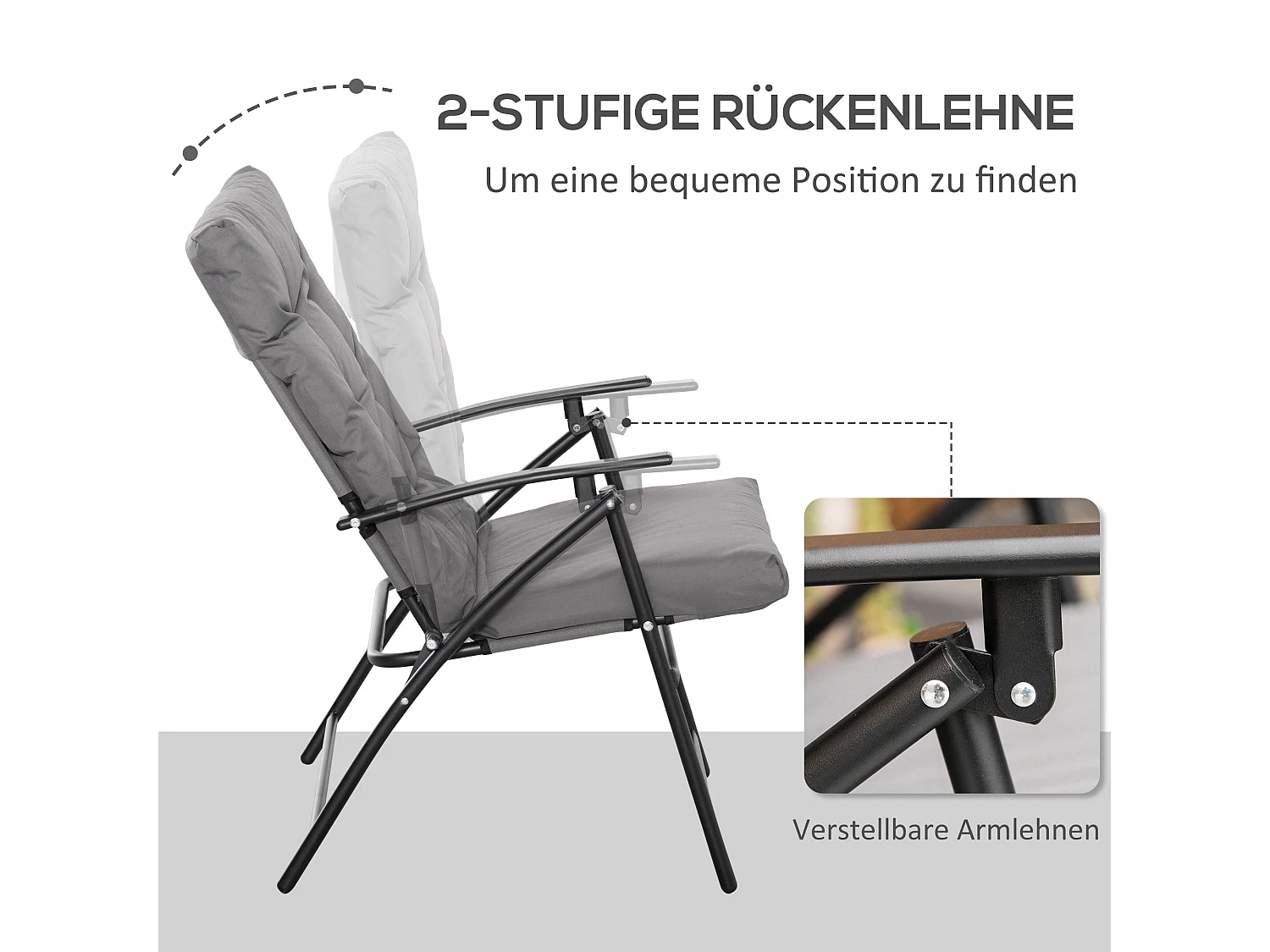 Chaise de camping pliante avec dossier réglable, cadre métal, polyester Oxford, gris (65x65x94cm)