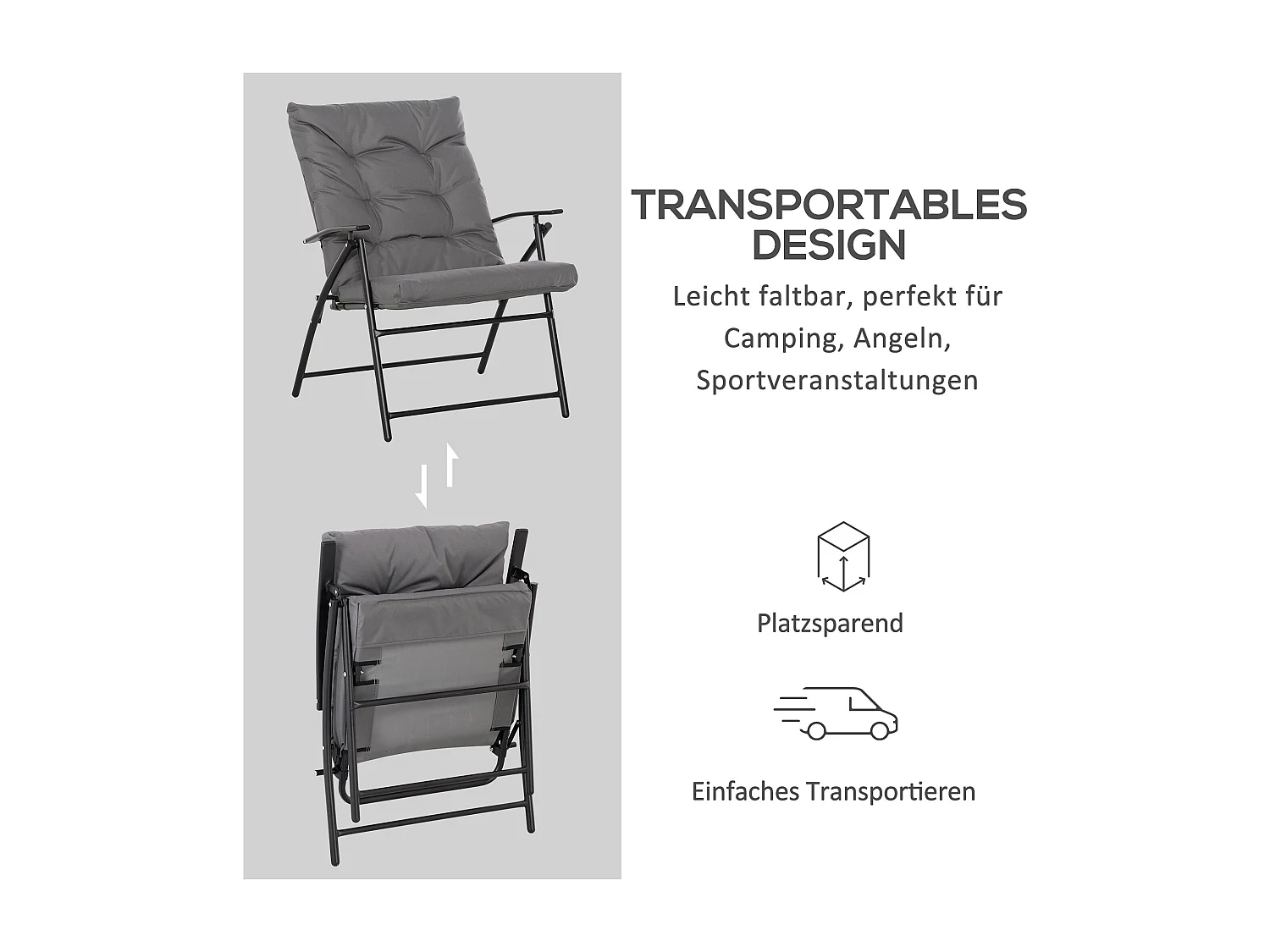 Chaise de camping pliante avec dossier réglable, cadre métal, polyester Oxford, gris (65x65x94cm)