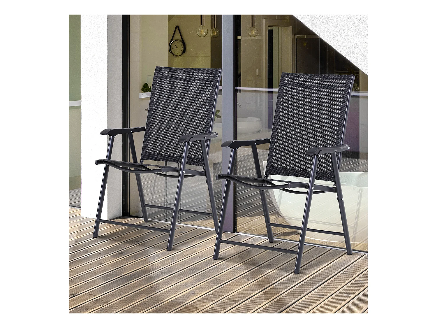 Lot de 2 fauteuils pliants avec accoudoirs, métal, noir (58x64x94cm)