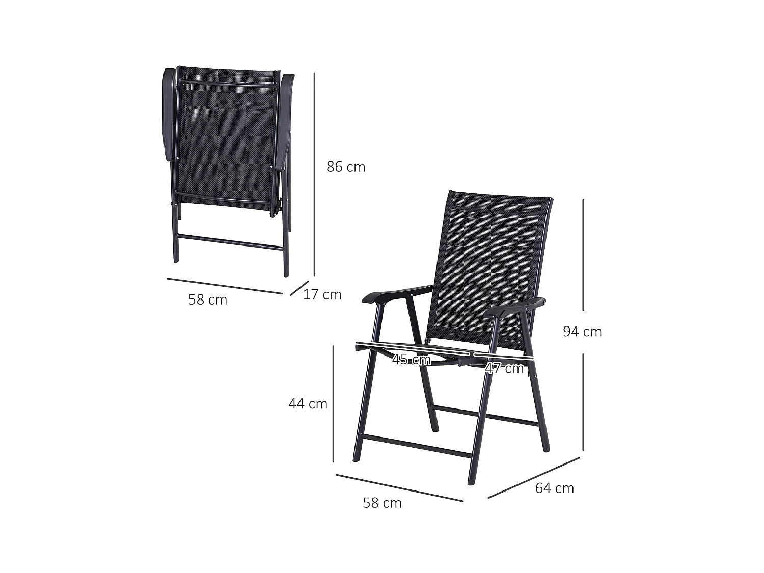 Lot de 2 fauteuils pliants avec accoudoirs, métal, noir (58x64x94cm)