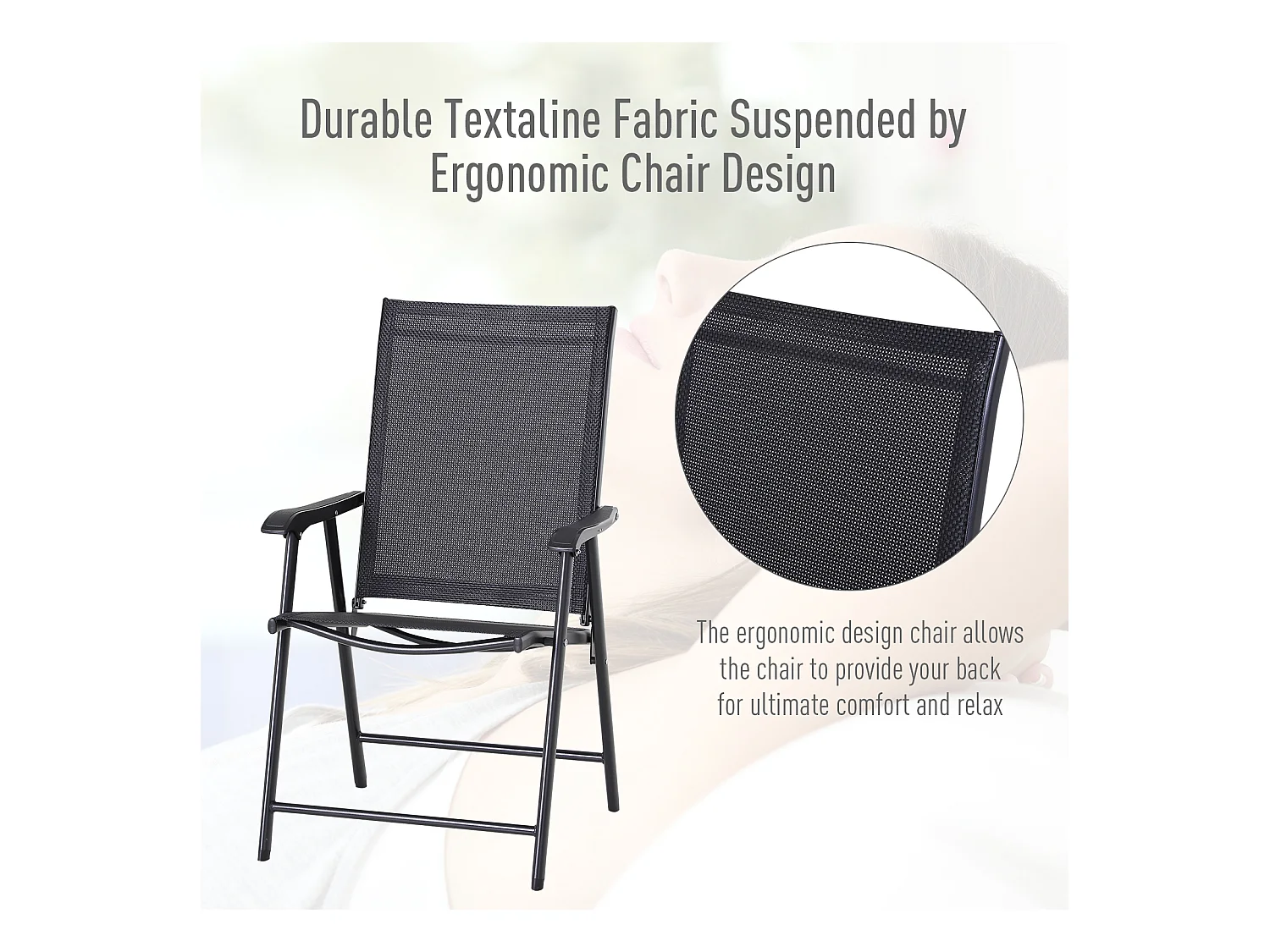 Lot de 2 fauteuils pliants avec accoudoirs, métal, noir (58x64x94cm)