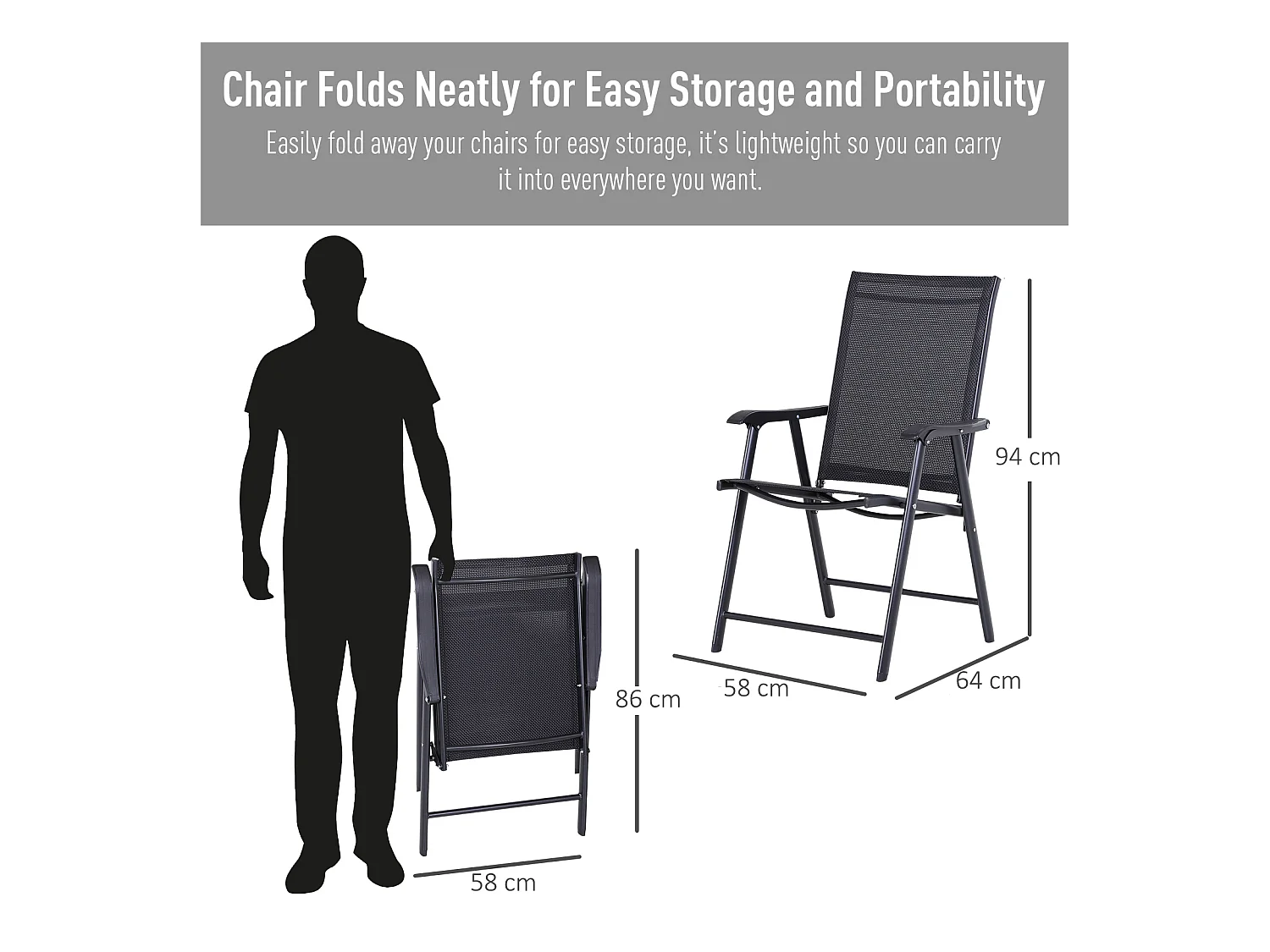 Lot de 2 fauteuils pliants avec accoudoirs, métal, noir (58x64x94cm)