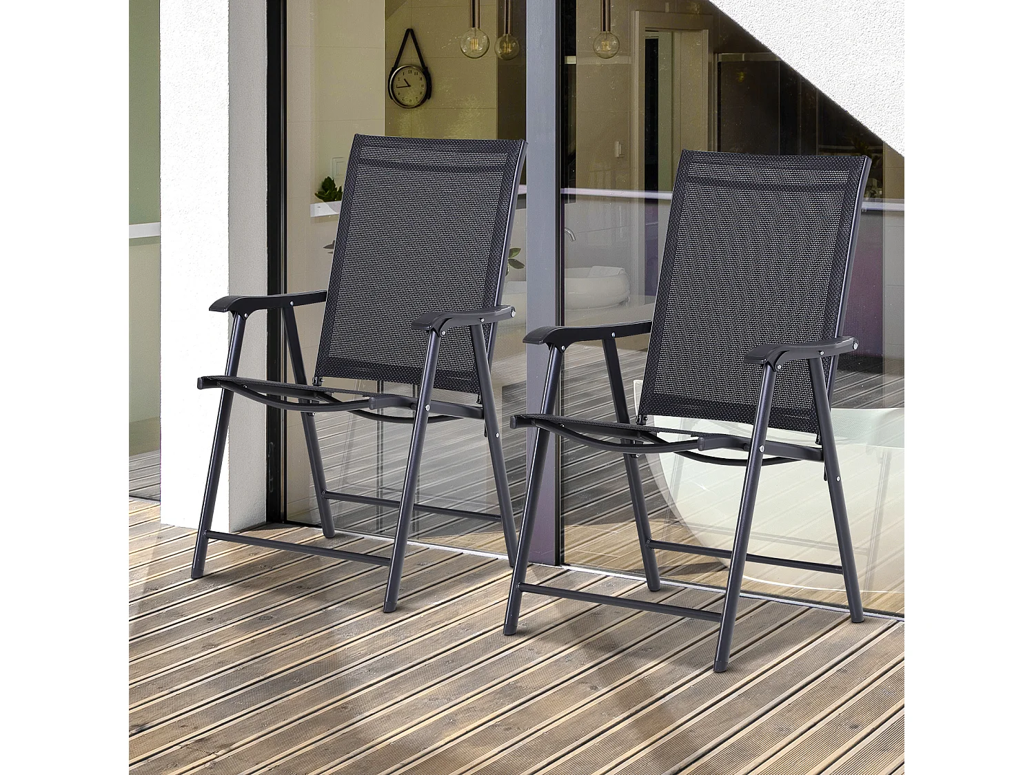 Lot de 2 fauteuils pliants avec accoudoirs, métal, noir (58x64x94cm)