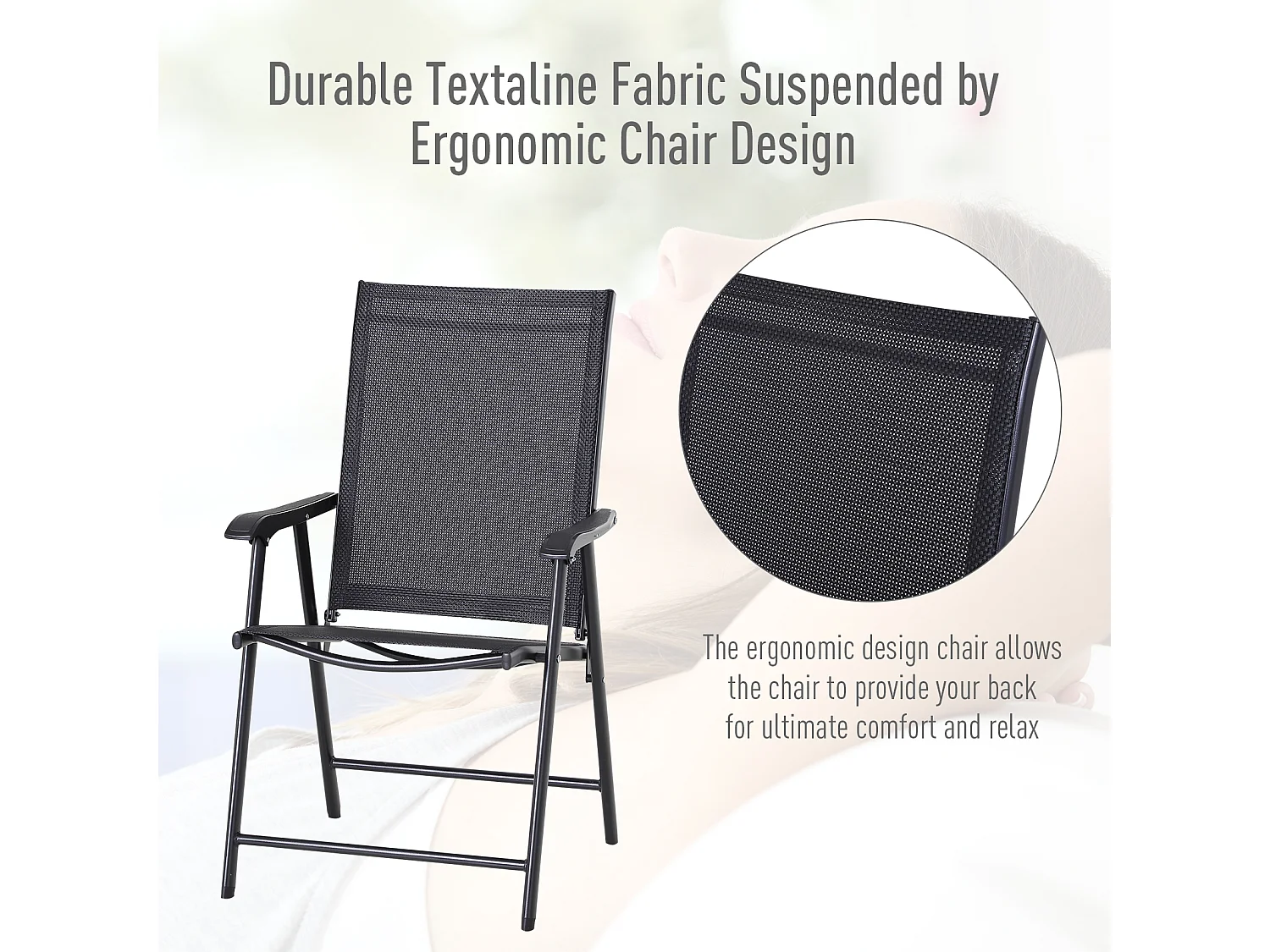 Lot de 2 fauteuils pliants avec accoudoirs, métal, noir (58x64x94cm)