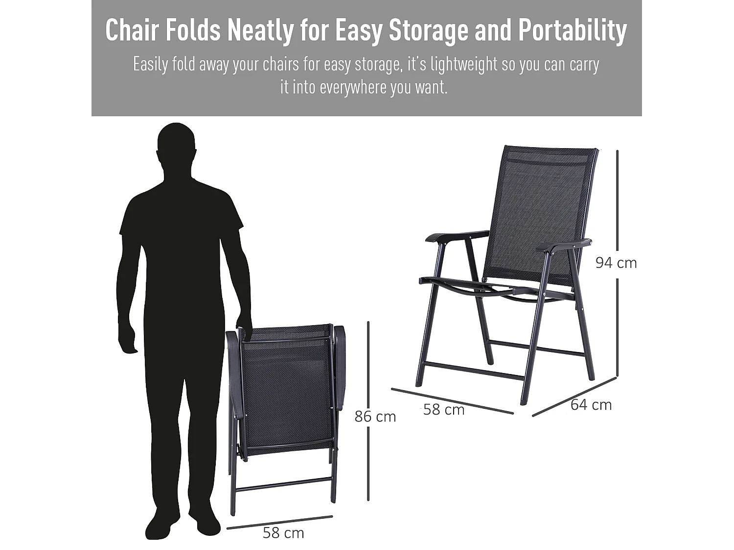 Lot de 2 fauteuils pliants avec accoudoirs, métal, noir (58x64x94cm)