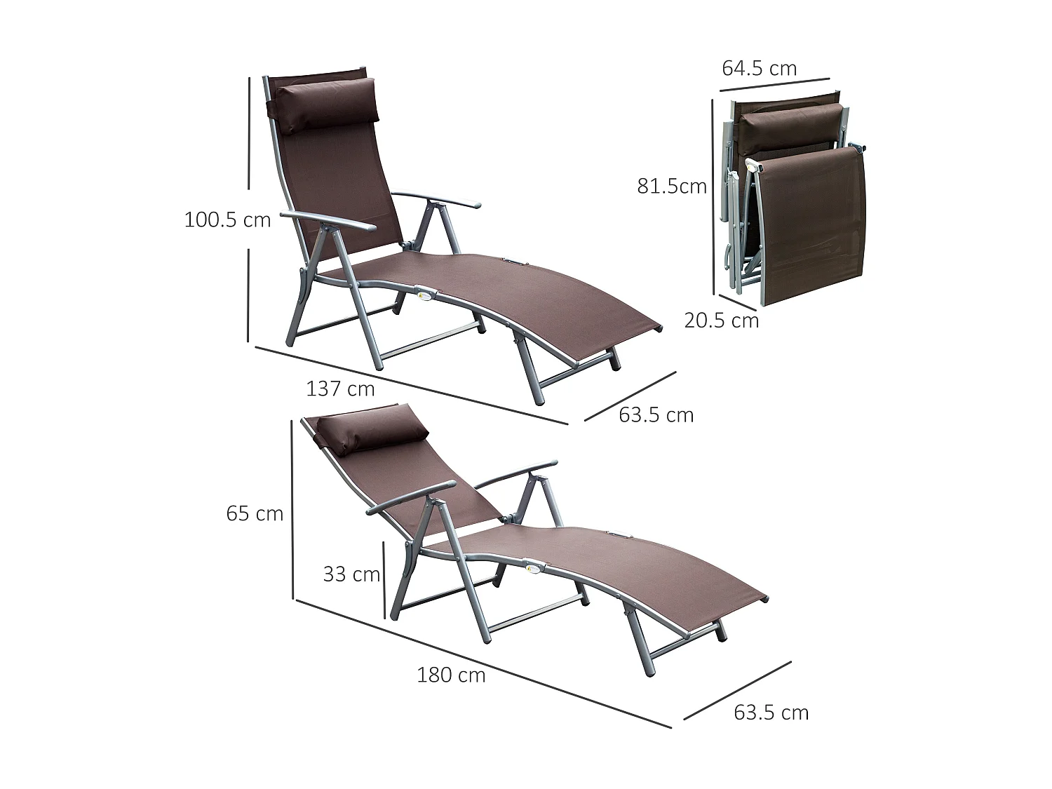 Chaise longue pliable avec coussin, structure métal, tissu Textilène, brun (137x63.5x100.5cm)