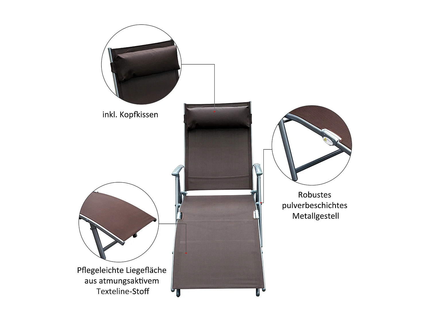 Chaise longue pliable avec coussin, structure métal, tissu Textilène, brun (137x63.5x100.5cm)