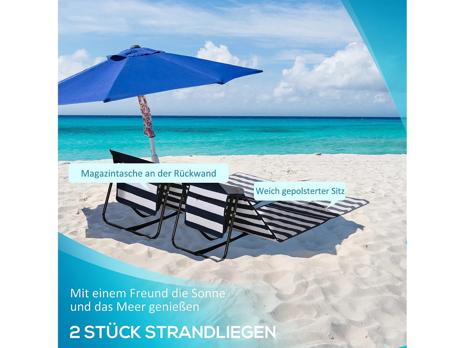 Set van 2 opvouwbare ligstoelen met tafel, staal en Oxford stof, blauw en wit (142x51x40cm)