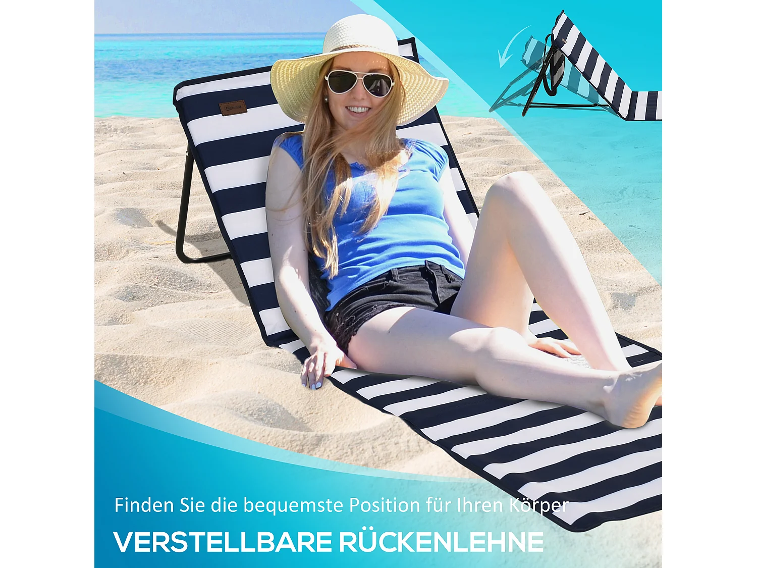 Set van 2 opvouwbare ligstoelen met tafel, staal en Oxford stof, blauw en wit (142x51x40cm)