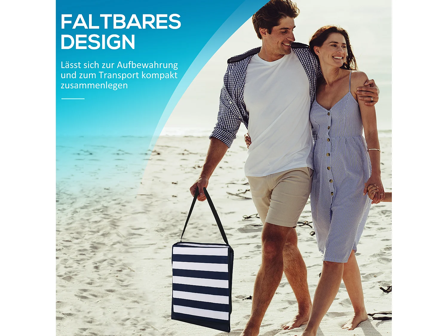 Set van 2 opvouwbare ligstoelen met tafel, staal en Oxford stof, blauw en wit (142x51x40cm)