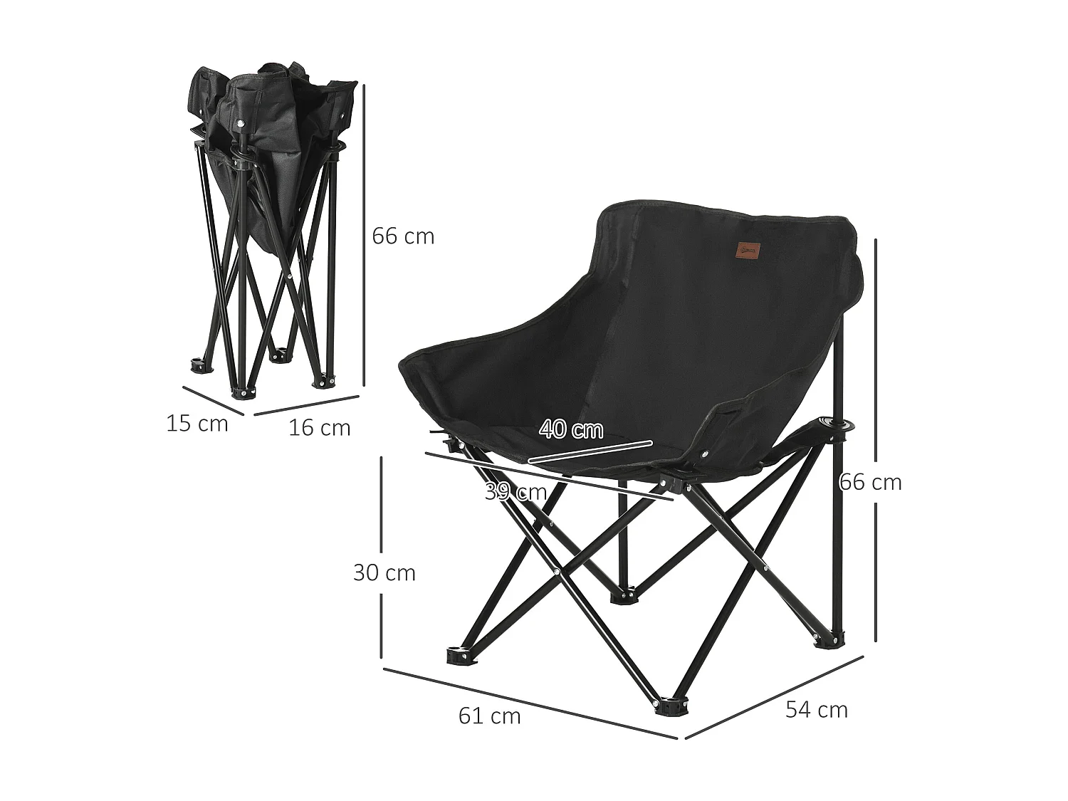 Chaise de camping pliable avec poche latérale, pieds en acier, fauteuil pliant avec sac de transport, pour piscine et plage, Oxford, Noir (61x54x66 cm)