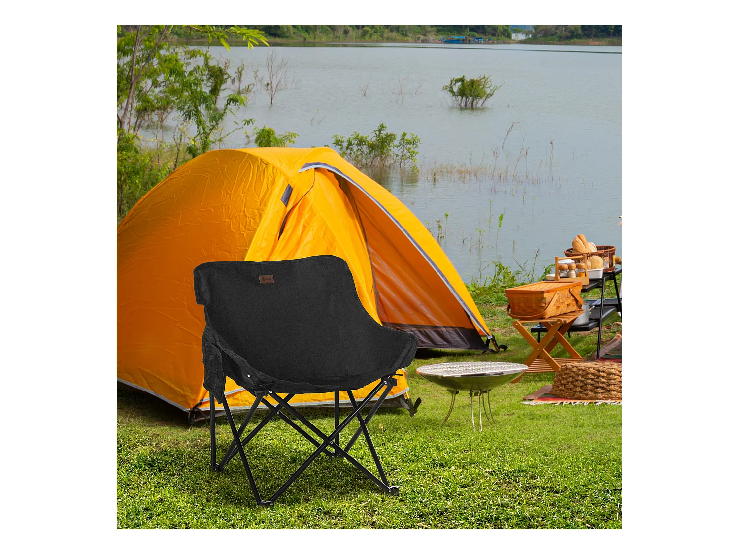 Chaise de camping pliable avec poche latérale, pieds en acier, fauteuil pliant avec sac de transport, pour piscine et plage, Oxford, Noir (61x54x66 cm)