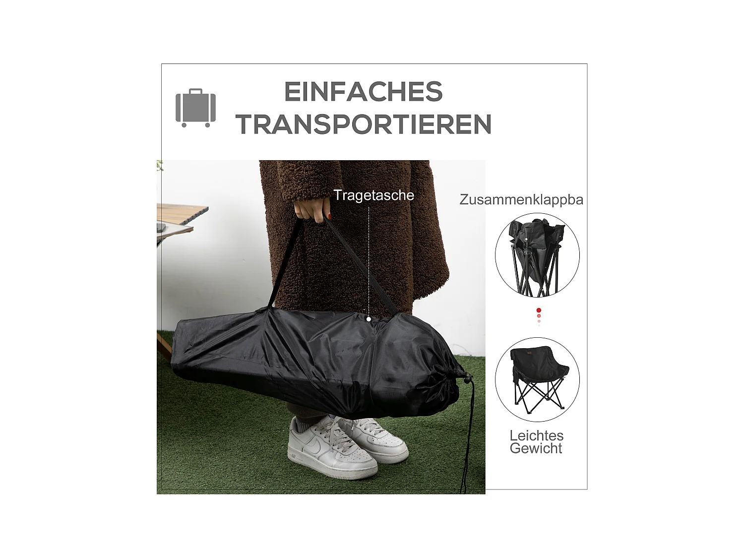 Chaise de camping pliable avec poche latérale, pieds en acier, fauteuil pliant avec sac de transport, pour piscine et plage, Oxford, Noir (61x54x66 cm)