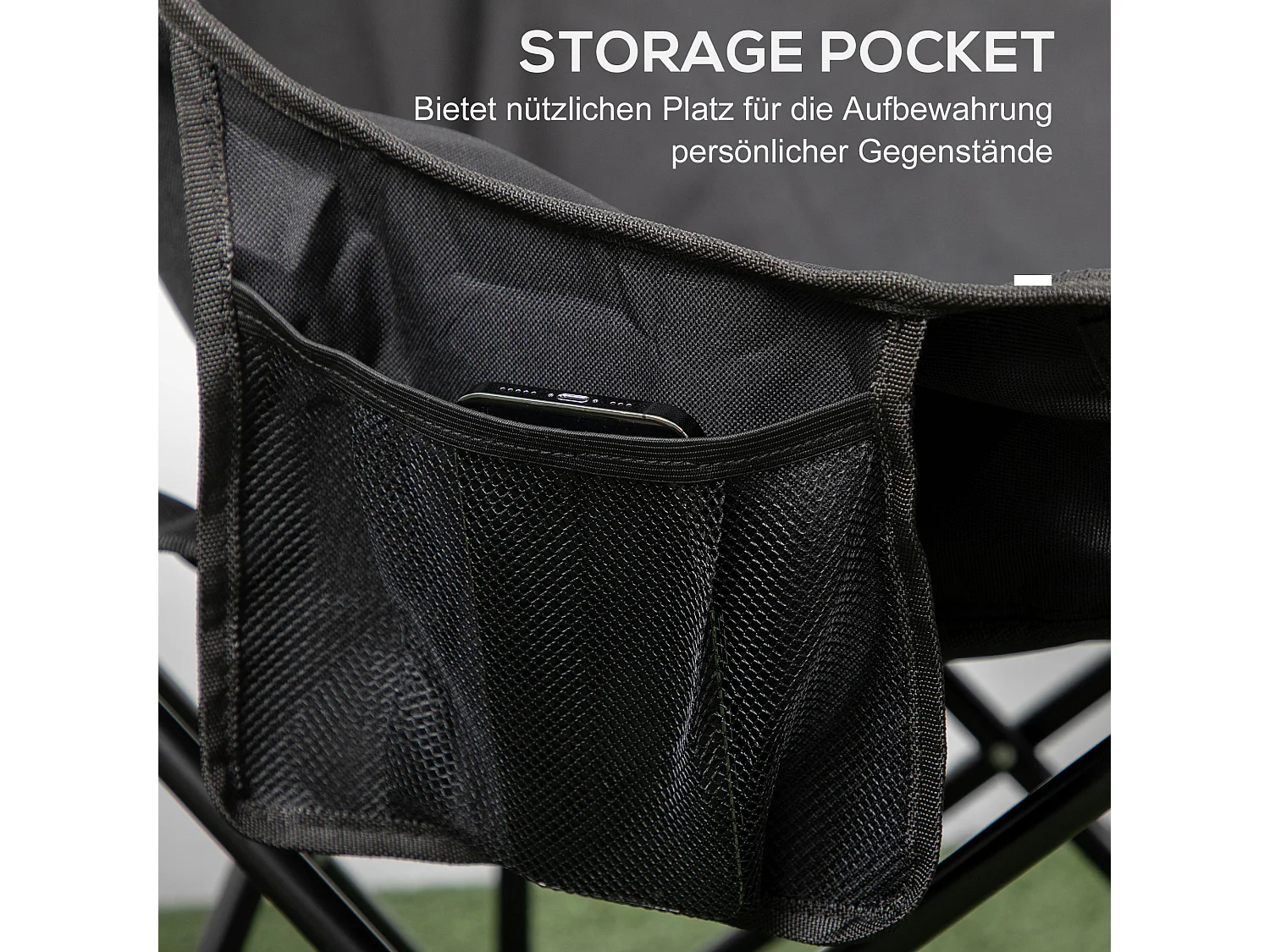 Chaise de camping pliable avec poche latérale, pieds en acier, fauteuil pliant avec sac de transport, pour piscine et plage, Oxford, Noir (61x54x66 cm)